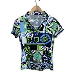 Ibkul Womens XS Collared Short Sleeve Biking Geometric Print Shirt Blue Green